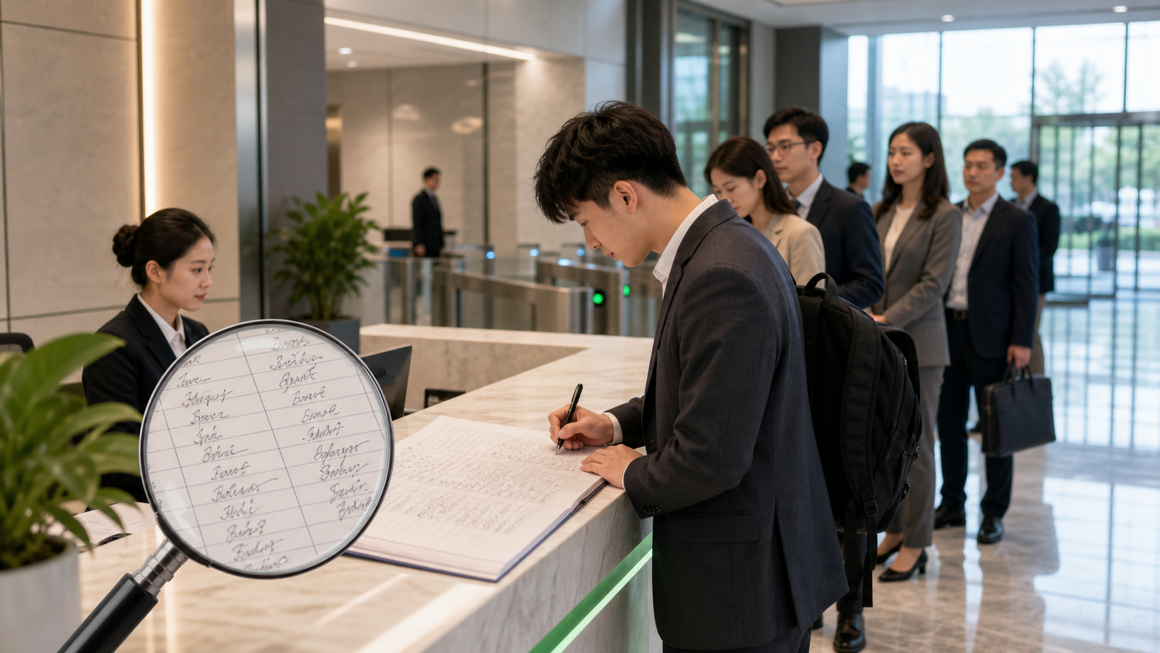 纸质访客登记排队和信息不清的现场