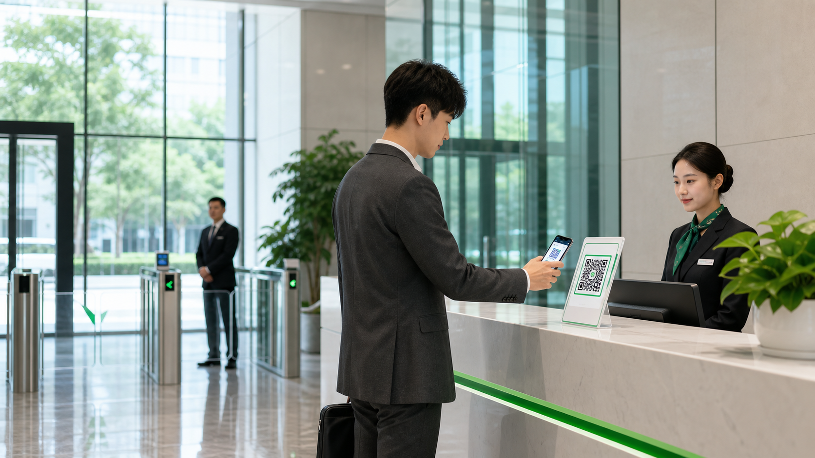 访客在办公楼前台扫码登记